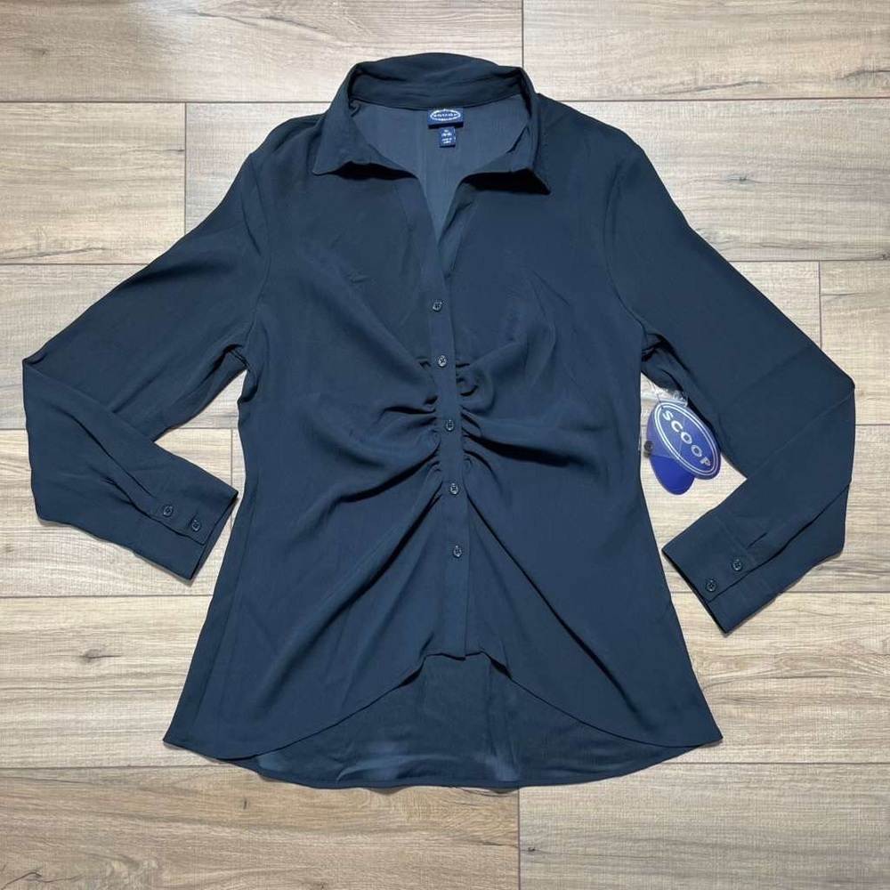 Scoop Women's Rushed Button Up Long Sleeve Short Size XL (16-18) Dark Navy Blue